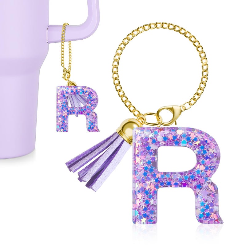 MOYOHIM Letter Charm for Stanley Cup, Cute Initial Keychain Charm for Handle, Purple Handle Accessories for Stanley Tumbler for Girls Women (Letter R) - Image 1
